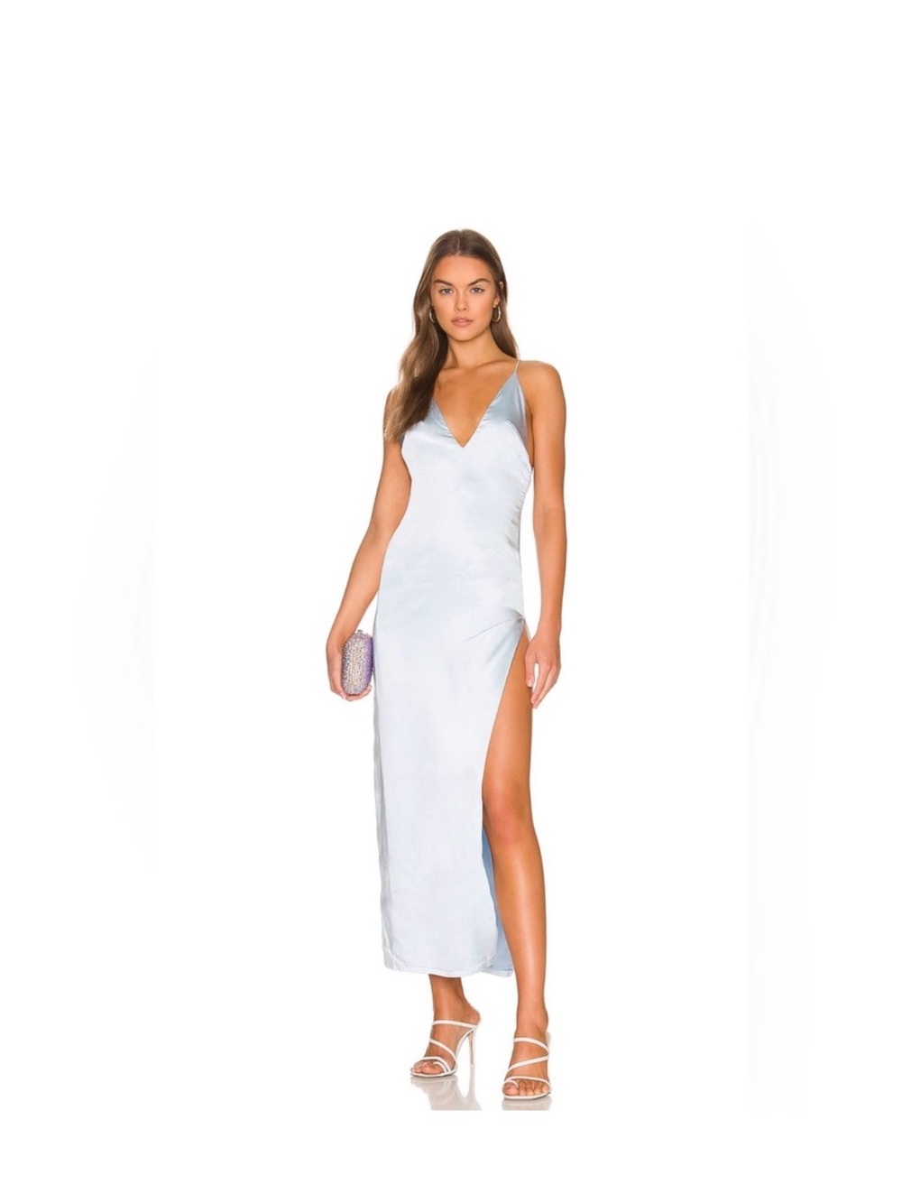 Regina Satin Maxi Slip Dress in Baby Blue with Thigh Slit